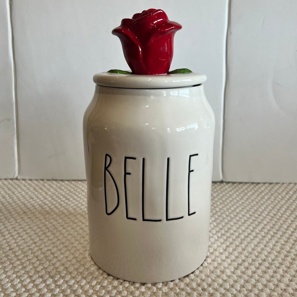 Rae Dunn Disney Princess Collection Beauty and the Beast Belle Canister Rose Top
